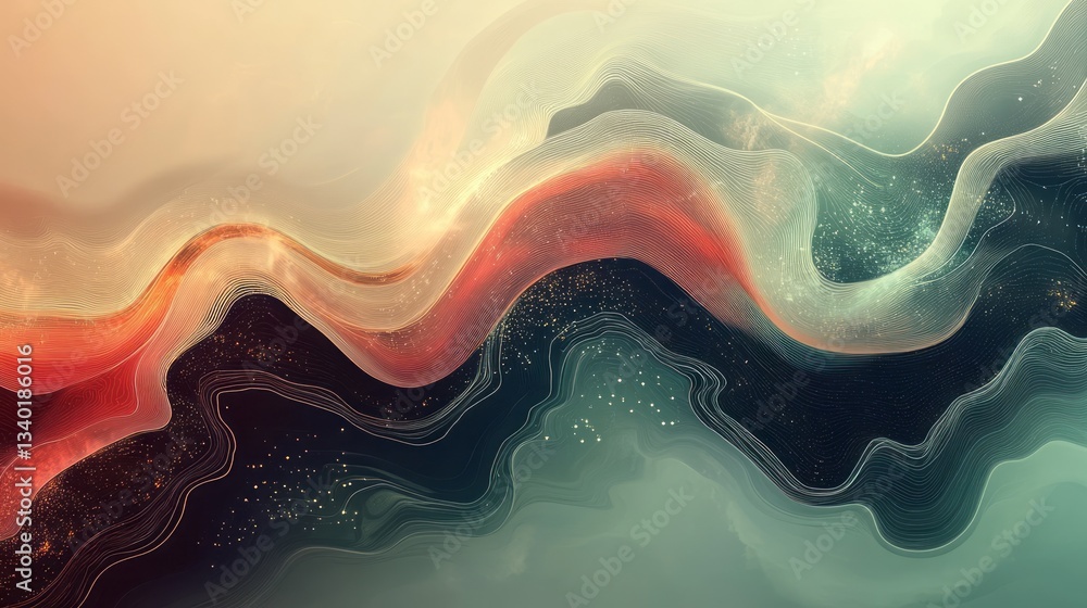 Poster abstract wavy lines with gradient colors and small particles