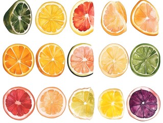 Watercolor Citrus Fruit Slices  Oranges  Lemons  Limes  Grapefruits