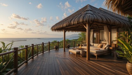Fototapeta premium Serene Tropical Villa Retreat with Scenic Ocean View at Sunset