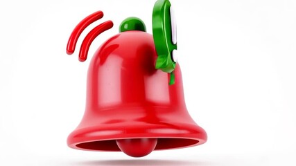 Vibrant Red 3D Bell with Green Accents and Glossy Finish Festive, Cheerful, and Smooth Decoration with Sound Waves and Exclamation Mark Symbolizing Alerts and Notifications - Powered by Adobe