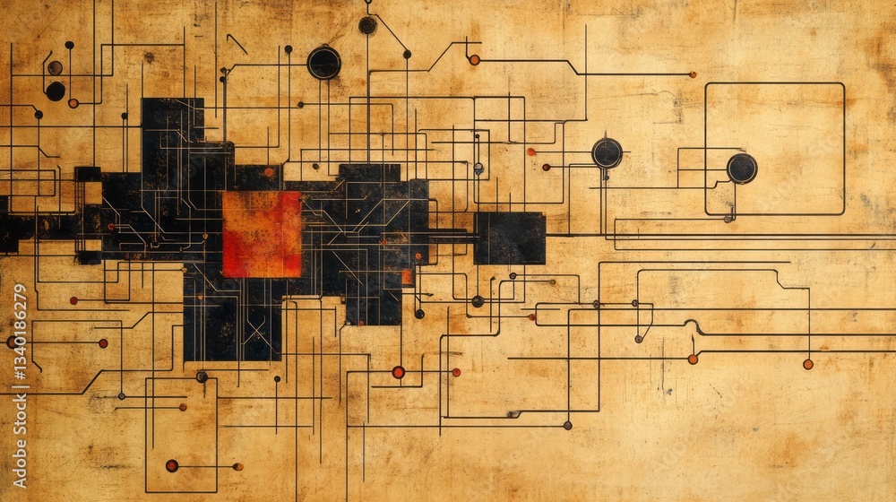 Aufkleber abstract circuit design overlaid on distressed paper texture background