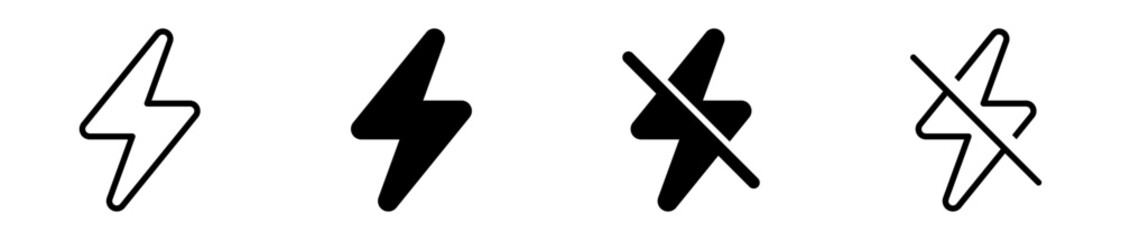 camera flash icon set, flash light off icon - flash thunder power icon, flash lightning bolt icon with thunder bolt - Electric power icon symbol - Power energy icon sign in filled, thin, outline style