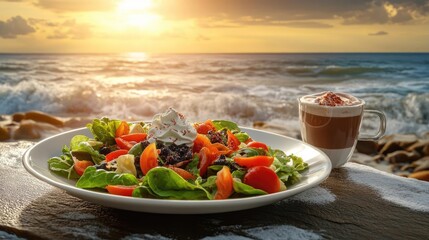 Fresh Salad and Warm Drink by the Ocean at Sunset View and Horizon Line Photography at Coastal Cafe Restaurant with Sea and Waves Scenery Photo During Vacation Holiday Season Photography Photo Shoot