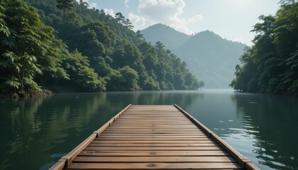 Serene Wooden Dock Surrounded by Lush Green Mountains and Water
