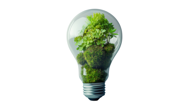 Light bulb with plants growing inside promoting green energy and sustainability with transparent background - Powered by Adobe