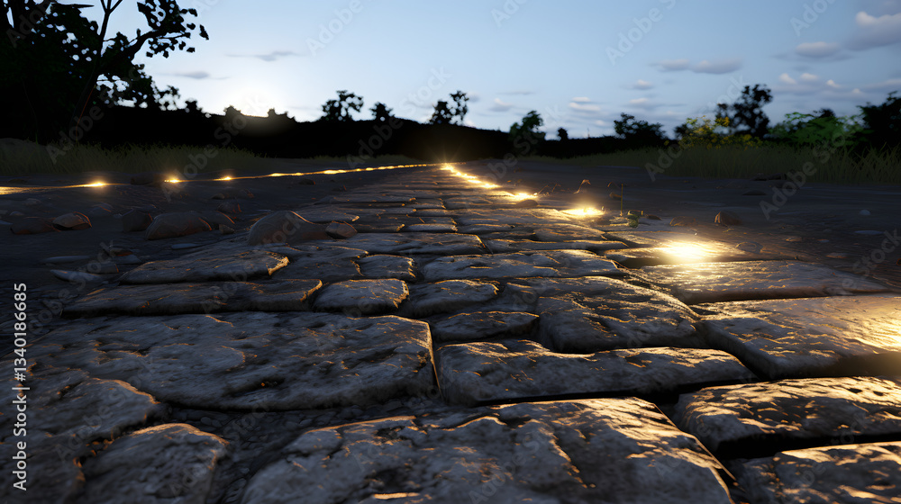 Poster close-up view of a pathway adorned with rocks and illuminated by soft lights capturing the surface o
