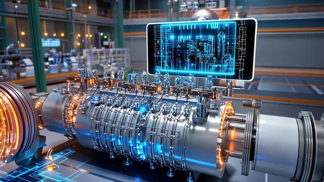 Advanced Technology Display in Modern Engineering Facility with Innovative Machinery and Digital Screens
