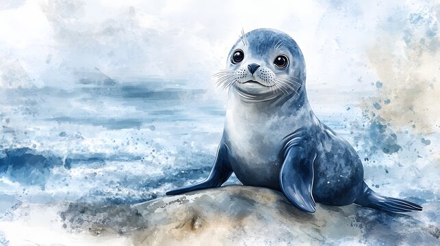 Watercolor painting depicts an adorable seal pup on a rock