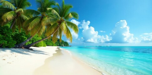 Palm tree-lined beach with turquoise water and soft white sand, vintage, sunset hues, warm light