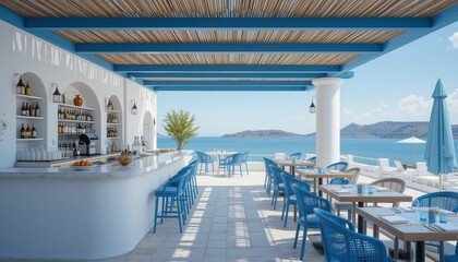 Serene Coastal Restaurant with Ocean View and Stylish Blue Decor