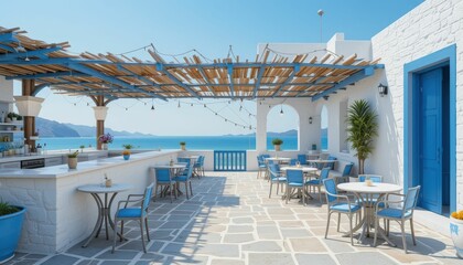 Fototapeta premium Serene Outdoor Restaurant with Blue Accents and Stunning Ocean View