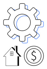 Gear representing operation, home symbolizing real estate, and coin icon for economy and money. Ideal for business, housing, finance, teamwork, economy, investment flat simple metaphor