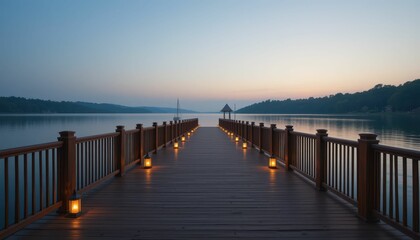 Fototapeta premium Serene Lakeside Dock at Dusk with Lanterns Illuminating Pathway