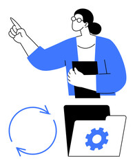 Woman with glasses holding a document, pointing towards a circular arrow process and gear folder. Ideal for teamwork, process improvement, management, guidance, development, innovation, flat simple