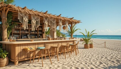 Fototapeta premium Tropical Beach Bar with Straw Roof and Relaxing Ocean View