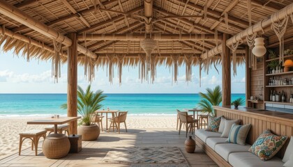 Serene Beachside Lounge with Rustic Decor and Scenic Ocean View