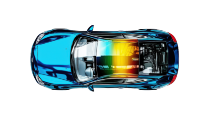 A blue sports car with a shiny finish and a large windshield