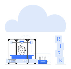 3D printer producing a heart model, risk blocks symbolizing challenges, and abstract cloud. Ideal for technology, innovation, healthcare, medical advancements, risk assessment, biotech abstract line
