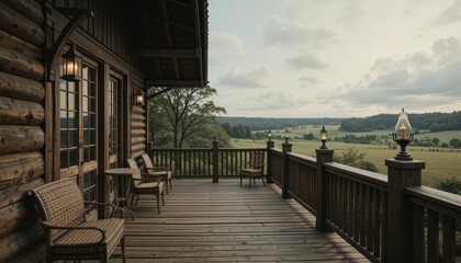 Obraz premium Scenic View from Cozy Cabin Deck Overlooking Serene Landscape