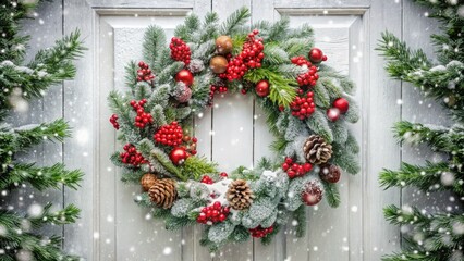 Elegant Christmas Wreath on White Door - Snowy Day Winter Holiday Decoration Photo
