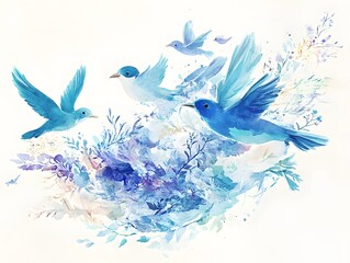 Naklejka premium Blue Birds Watercolor Painting Floral Design Spring Art