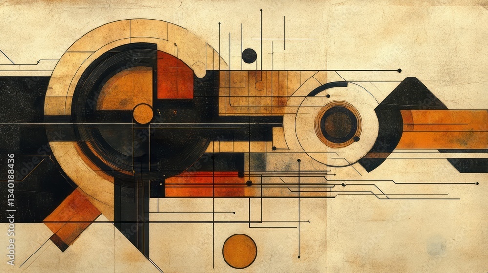 Poster complex geometric composition featuring circles squares and connecting lines