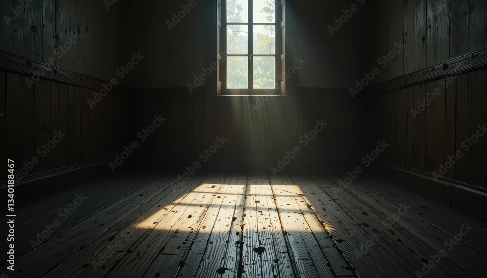 Poster sunlight streaming through window in an empty rustic room