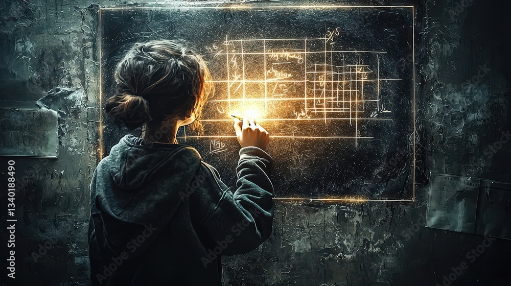 Poster child creating illuminated patterns on a dark wall with a bright glow