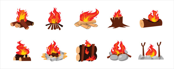 Campfire and Firewood Illustrations with Flames. Collection firewood and campfire illustrations, featuring different styles and arrangements of logs and flames