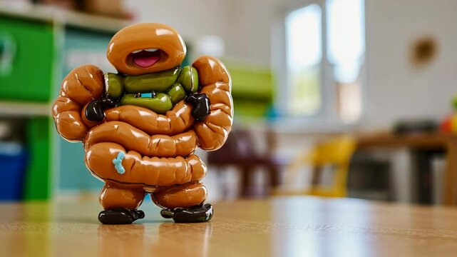 Colorful squishy figure with unique design displayed on wooden table in bright room