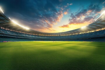 High-definition panoramic photo of cricket stadium with daylight and stadium lights, perfect for sports ads.
