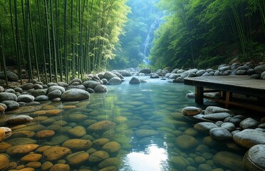 A Serene Japanese Onsen Spa with Steaming Hot Springs, Bamboo Groves, and Floating Lanterns Amidst a Tranquil Mountain Landscape