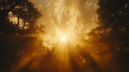 Naklejka premium Golden sun rays bursting through misty forest canopy.