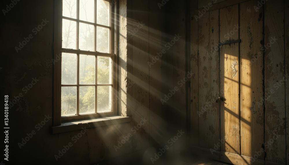 Poster sunlight beaming through window in abandoned rustic room