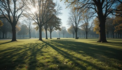 Obraz premium Serene Park Landscape with Sunlight and Long Shadows in Morning