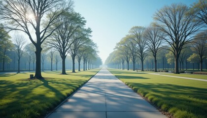 Obraz premium Serene Pathway Surrounded by Lush Trees in Morning Light