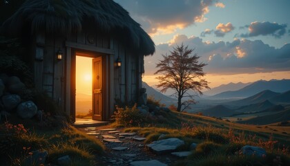 Tranquil Sunset Scene at Cottage Doorway in Serene Landscape