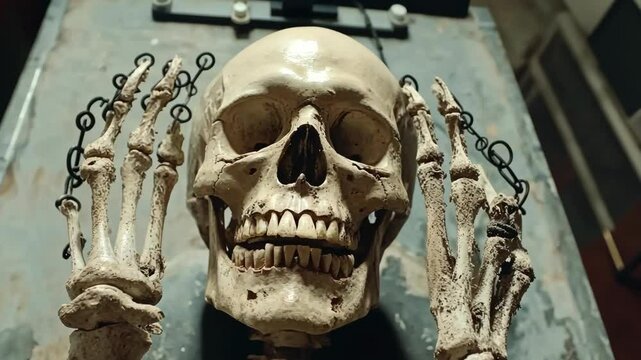 Skeleton adorned with metal chains inside a dimly lit room showcasing a blend of curiosity and eeriness