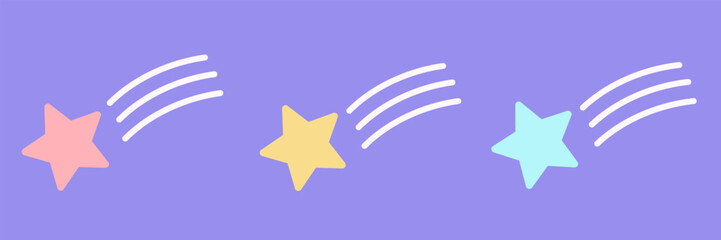 レトロポップな80年代風の流れ星のイラスト　３色の流れ星　赤　黄色　水色