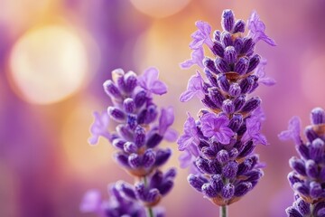 Close-up of blooming lavender flowers on a blurred, dreamy, purple background. Use it for floral designs, aromatherapy, or relaxation themed projects.