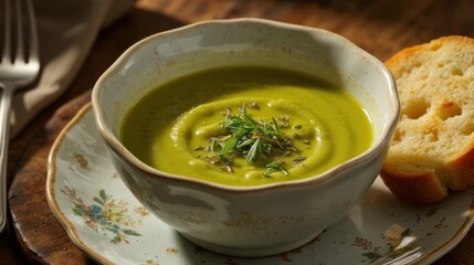 Creamy Asparagus Soup Served in Elegant Ceramic Bowl with Bread