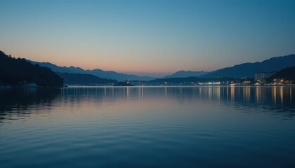 Fototapeta premium Calm Evening Reflections on Serene Lake Surrounded by Mountains