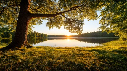 Fototapeta premium A serene tree silhouette against a picturesque lake with calm waters and a beautiful sunset creating a tranquil scene
