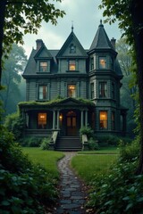 Mysterious old mansion with a grand entrance and overgrown garden, weeds, shadows