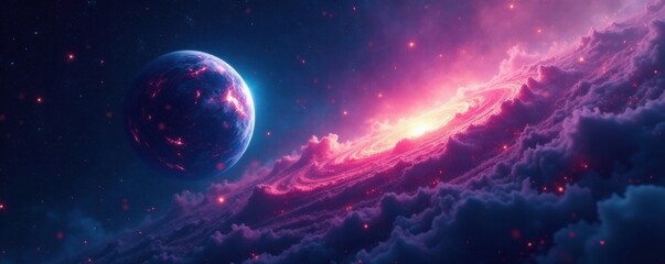 Obraz premium Mysterious abstract planet with swirling nebula and starry sky, mist, stellar