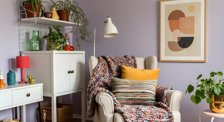 Interior desgin of modern living room interior with mock up poster frame,  Blue wall. plants, sofa, colorful decorations and accessories, coffee table. Home decor. Template 