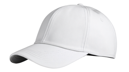 A white baseball cap with a black logo on the front