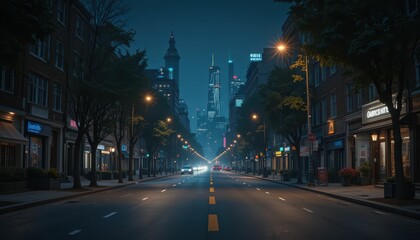 Serene Night Street View of Urban Cityscape with Bright Lights