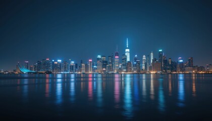Fototapeta premium Stunning Night Skyline of Shanghai with Reflection on Water Surface