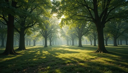 Fototapeta premium Serene Forest Landscape with Sunlight Breaking Through Trees